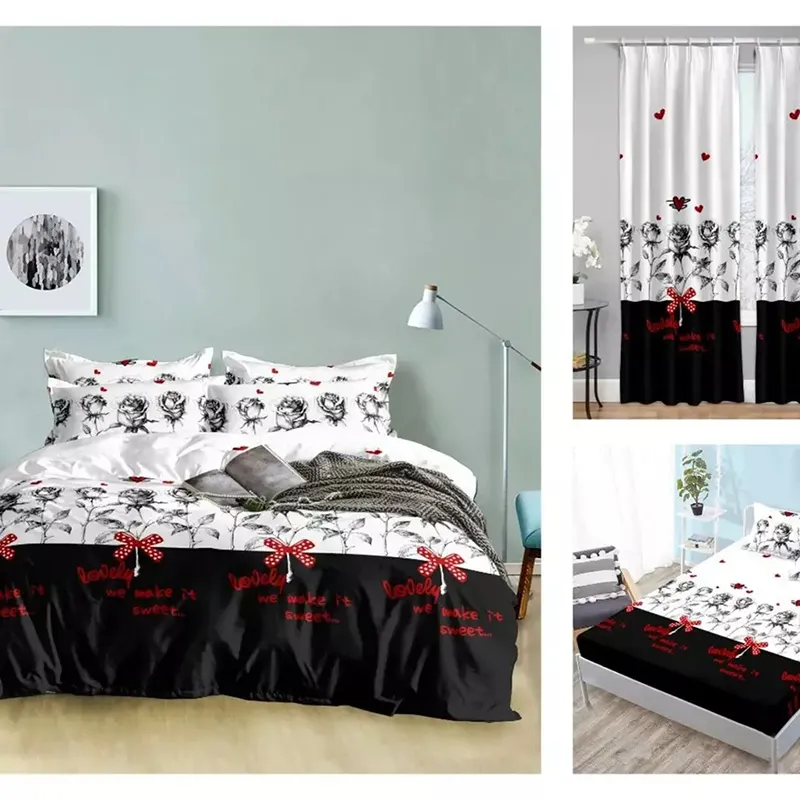 6 Pieces Bed Sheet Pillow Cover and Curtain 3D Red Love Printed Bedsheets Set With Matching Curtains For Bedroom