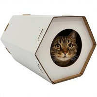 Maison pour chat en carton pour chats d'intérieur - Boîte hexagonale pliable, légère et durable, design blanc moderne (15,75" x 12,4")
