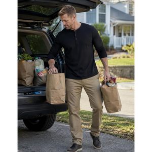 Chemise Henley à manches longues pour homme, en coton mélangé, couleur unie, style décontracté, col rabattu, design à simple boutonnage - Product Image 5