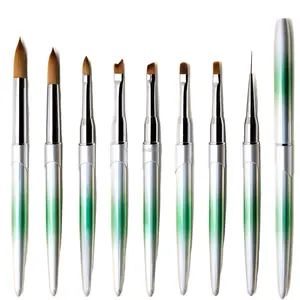 Gradient Green Metal Handle Nail Brush Set Nail UV Brush Thin Liner Acrylic Kolinsky brush verified suppliers