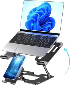 Supporto per Laptop 2 IN 1 con Porta Cellulare in Acciaio al Carbonio Pieghevole Regolabile in Altezza e Angolazione - Product Image 1