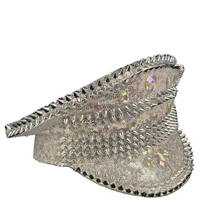 Cappello da capitano da donna con paillettes che brucia cappello militare Steampunk in argento con borchia