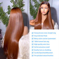 Pelucas de Cabello Humano Liso Natural Color Chocolate Miel, de un Solo Donante, Listas para Usar, Sin Pegamento, con Nudos Pre-Blanqueados y Precortados