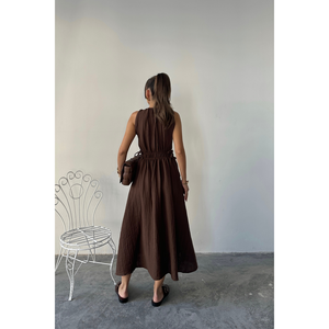 Robe maxi sans manches en mousseline marron, taille élastique, robe décontractée, taille S - Product Image 1