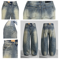Jean vintage pour homme, délavé, coupe mi-haute, jambe large, avec coutures fendues, style streetwear classique, cinq poches, coupe ample