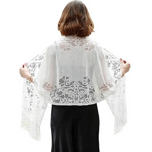 Women White Lace Shoulder <b>Shawl</b> Floral Design Fringe <b>Wrap</b> Scarf for Wedding Evening Party Dress and Elegant Outfit - Product Image 1