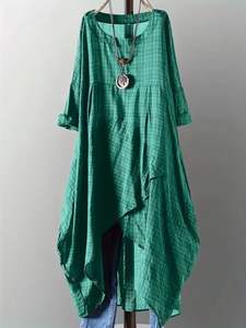 Vestidos Midi Casuales Clásicos a Cuadros Personalizados, Cuello Redondo, Transpirables, Cómodos, Elegantes para Mujer, con Dobladillo Irregular, para Uso Diario en Verano - Product Image 2