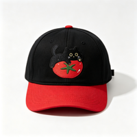Casquette de baseball décontractée en coton bicolore noir et rouge, style streetwear, avec broderie chat noir et tomate, vente en gros