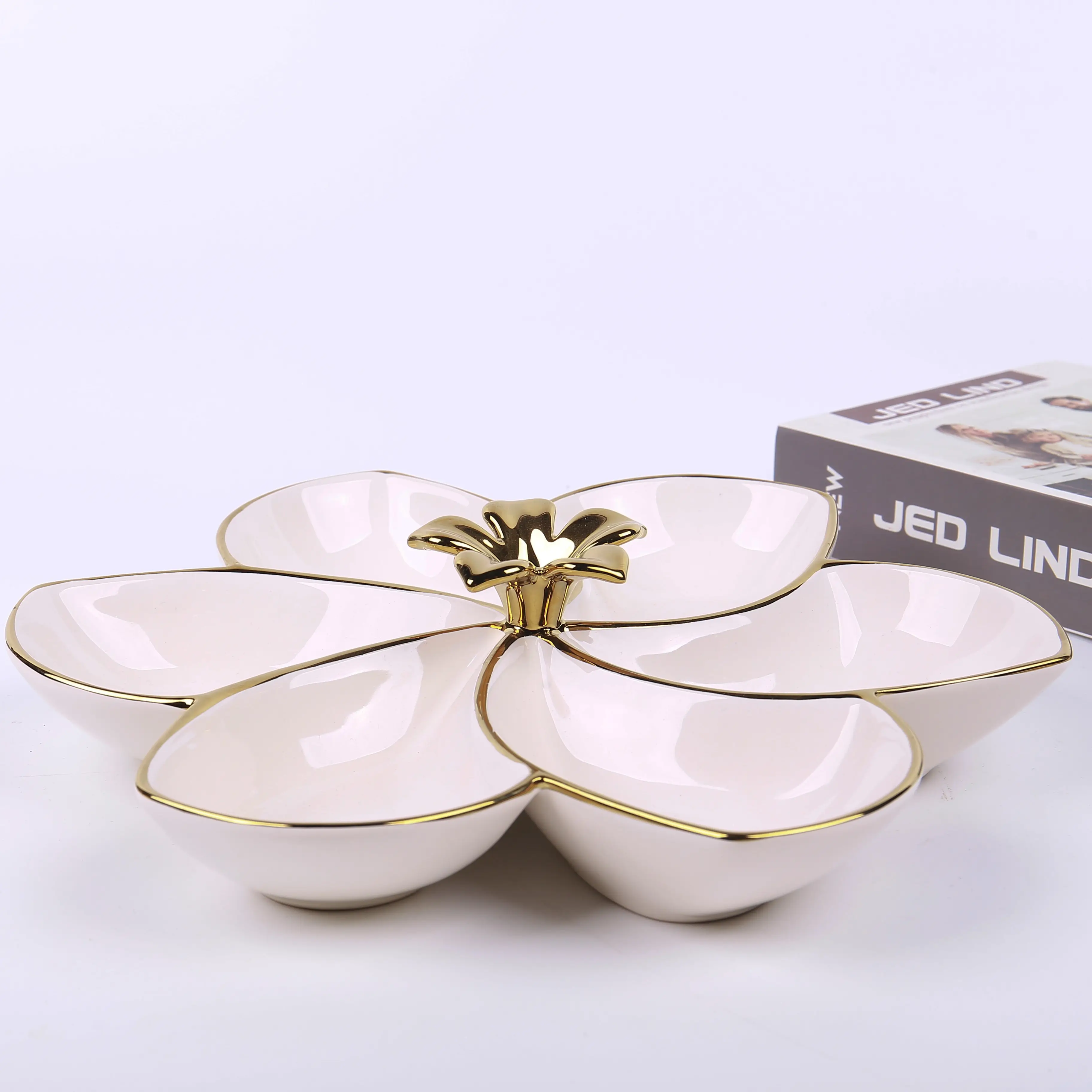Luxury Round 5 Compartments Snack Fruit Serving Platter Tray Ceramic White Divided Dinner Plate