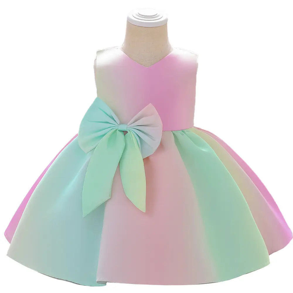 Cute Bow Christmas Party Princess Dress Sweet Rainbow Candy Color Girls Dress Child Costume Baby Clothes Birthday Gift