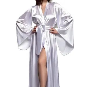 High Quality Hot Sale Wholesale Women Fashion Elegant Long Sleeve Long Silk Satin Kimono Robes Nightgowns Pajamas