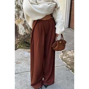 Pantalones Clásicos de Cintura Alta para Mujer, Color Marrón Dulce, Diseño Casual de Pierna Ancha y Recta, Tejido Suave para Otoño, Tallas XL y XS Disponibles - Product Image 4