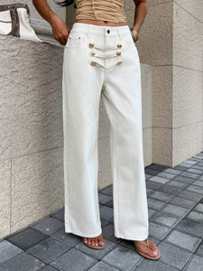 Pantalon large blanc taille haute pour femme, couleur unie, fermeture boutonnée, coupe ample, longueur complète, décontracté, en coton, pour l'été - Product Image 4