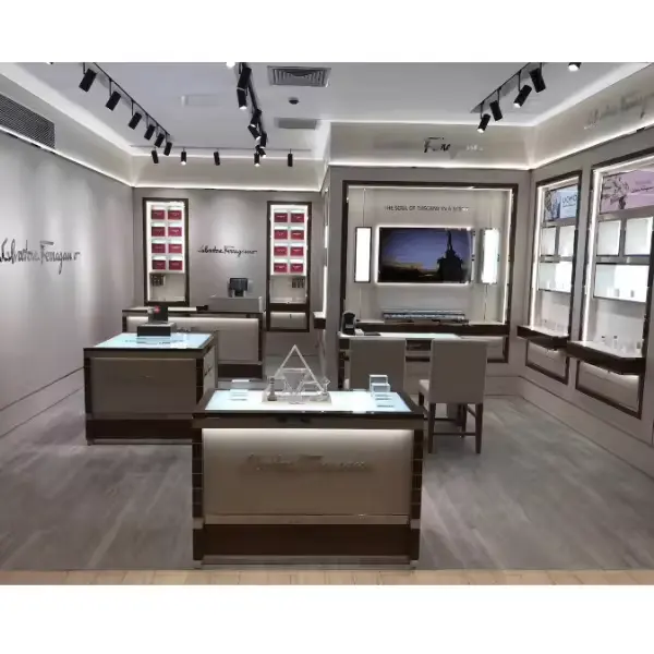 Factory direct sale Wood Cosmetic store display counter customized interior design display showcase