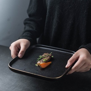 Plato Cuadrado de Cerámica Vintage <span class=keywords><strong>con</strong></span> Borde Dorado Negro para Café, Hotel, Carne Asada, Postre, Servicio Diario y Decoración de Mesa - Product Image 4