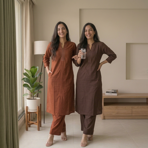Ensemble pantalon et kurta en voile de coton à manches longues pour femmes adultes, couleur unie marron, brodé, col en V, longueur cheville, vêtements décontractés musulmans, OEM - Product Image 1