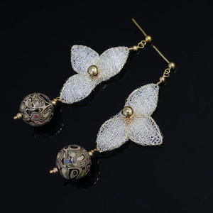 Artisanal Handmade Lacquer Bead <b>Earrings</b>, US‑Imported 14K Gold Filled Wire‑Knitted Mesh Lace Floral Long Dangle <b>Earrings</b> - Product Image 3