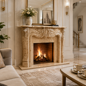 Traditional Marble <b>Fireplace</b> Mantel With Ornate Carving Classic Cream Beige marble Stone Indoor Wood Burning Hearth For Dining R - Product Image 1