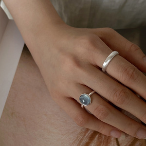 Small-Batch Sea Blue <b>Crystal</b> <b>Ring</b> Trendy Unique Design Matte Simple Band Silver Accents Stainless Steel 18K Gold Plated Copper - Product Image 2