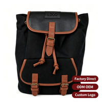 Sac à dos scolaire vintage en toile noire avec fermeture éclair, durable, style rétro, garniture marron, grand format, multi-compartiments