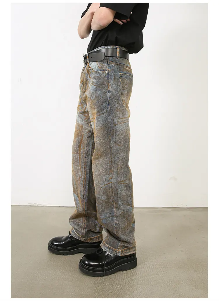 Hochwertige gerade Beine Herren Jeans Streetwear Vintage Waschschmutz Schlammfarbe Splatter Denim Jeans Hosen für Herren