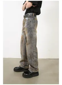 Di alta qualità a gamba dritta da uomo Jeans Street Wear Vintage lavare sporco di fango schizzi di vernice Denim Jeans pantaloni per uomo