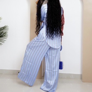 เสื้อเชิ้ตลายทางคอวีของผู้หญิงกางเกงขากว้างชุดแฟชั่น 2 ชิ้น - Product Image 5