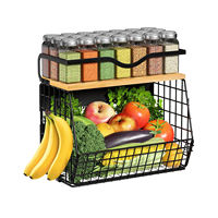 Panier de rangement magnétique en maille métallique en gros, organisateur mural multifonctionnel, étagère de rangement pour fruits avec dessus en bois