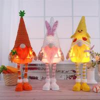 Adorable ensemble de 3 gnomes de Pâques lumineux en peluche à carreaux verts, décoration de table de printemps pour la maison, cadeau