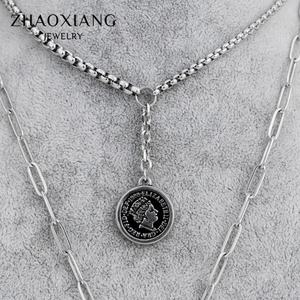 Colliers ras du cou multi-couches pour femmes, accessoires de bijoux en acier inoxydable, pendentifs en forme de pièce de monnaie - Product Image 5
