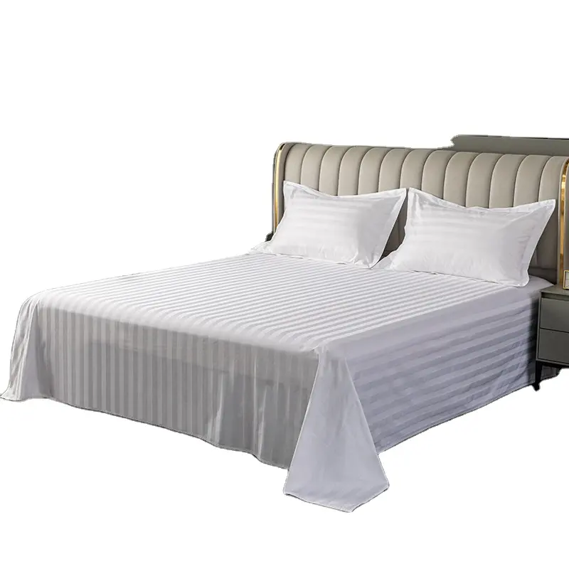 Set tempat tidur Hotel mewah, katun murni desain Strip Satin Linen datar