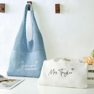 Crochet Embroidered Personalized Bridal <b>Party</b> Tote <b>Bag</b> with Custom Name Polyester Fresh <b>Sweet</b> Style for Summer Wedding Favor - Product Image 4