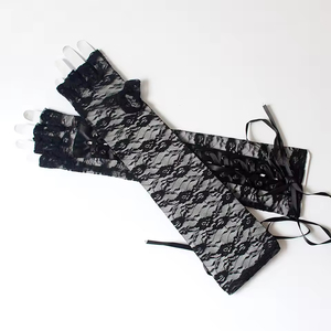 Mitaines sans doigts en résille pour femmes, style gothique Lolita, avec rubans, sexy, en dentelle, longues, pour cosplay, mi-doigts, jusqu'au coude - Product Image 6