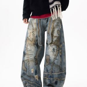 Pantalon en jean brodé tie-dye vintage Y2K pour homme, pantalon streetwear tendance pour le quotidien, culture streetwear hip-hop décontractée - Product Image 3