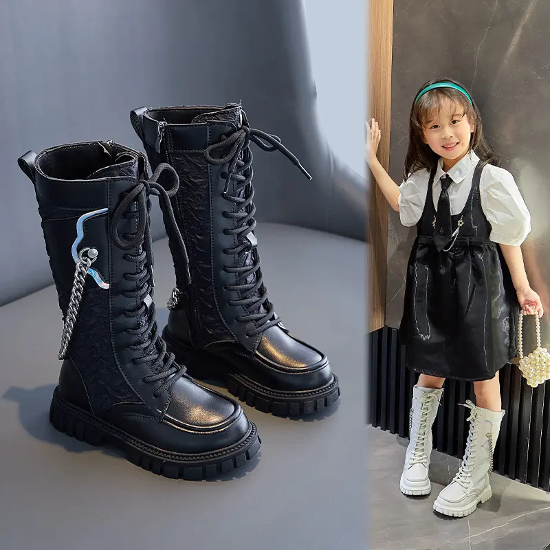 Fashion New spring Autumn Children white black elastic lace up warm high knee leather kids girls boots