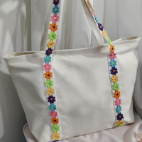 Nouveau sac fourre-tout en toile blanche de grande capacité, sac fourre-tout à poignée fleurie tendance et créatif pour un usage quotidien
