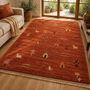 Tapis en laine noué à la main contemporain en terre cuite, avec envers antidérapant en caoutchouc, pour salon, à poils moyens - Product Image 1