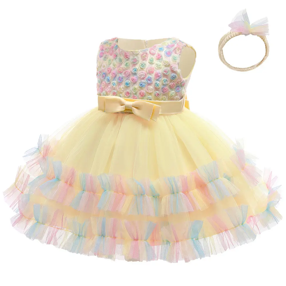 टूटू पोशाक सुरुचिपूर्ण बेबी कपड़े लड़की बिना आस्तीन फूल चिथड़े डबल रंगीन जाल पोशाक धनुष के साथ + सिर बैंड