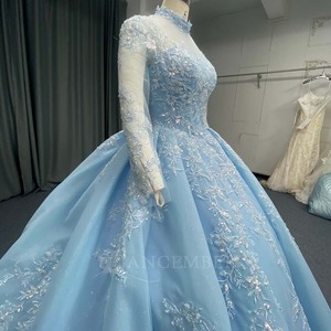Vestido de Gala Largo Azul Musulmán Lsany258 para Quinceañera, con Perlas y Flores, Estilo Jancember - Product Image 6
