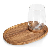 Plateau de service de collations personnalisé pour bar de fête, forme ovale miniature, bois d'acacia, plateau à apéritif, plateau à cocktails avec porte-verre à vin