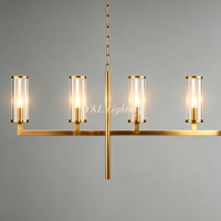 Suspension linéaire pour îlot de cuisine, cadre en laiton antique, abat-jour en verre cylindrique transparent, 6 lumières, lampe suspendue à bougies, éclairage LED
