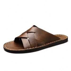 Chaussures de luxe pour hommes en cuir de vachette, mules plates à bout ouvert, sandales tendance, grandes tailles, chaussures de marche d'extérieur pour la plage - Product Image 4