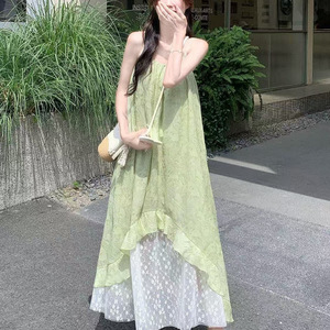 French Style Summer Green Spaghetti Strap Irregular Dress Vacation Casual Wear Solid Color Patchwork Design - Product Image 2