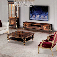 Meuble TV classique noir et or fait main, console multimédia haut de gamme en bois massif laqué pour villa