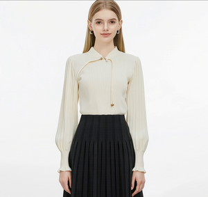Women's Chinese Style <strong>Frog</strong> Button Rib <strong>Knit</strong> Long Sleeve Top, Mandarin Collar Drawstring Puff Lantern Sleeve Cream <strong>Knit</strong> Blouse - Product Image 1
