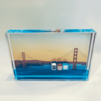 Figurine rectangulaire en acrylique transparent sérigraphiée, série Océan, avec liquide flottant bleu et mini-poisson 3D, vente en gros