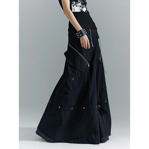 Customized High Quality Women <strong>Black</strong> Floor Length Zipper Details Multiple <strong>Pockets</strong> Cotton Women Cargo Maxi <strong>Skirt</strong> - Product Image 4