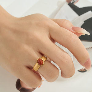 Luxury Retro Red Agate Open <b>Ring</b> Copper Alloy Gold Plated Brushed Adjustable Index <b>Finger</b> <b>Ring</b> Unisex Jewelry Gift - Product Image 2