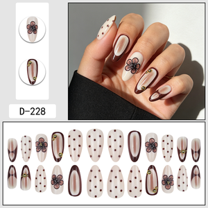 Faux ongles à presser en amande, 24 pièces, motif floral à pois <span class=keywords><strong>marron</strong></span> avec perles dorées, réutilisables, couverture complète, vente en gros - Product Image 5
