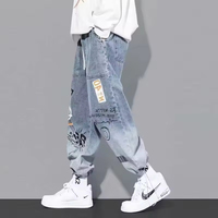 Jean en denim ample pour homme, imprimé lettres et graffiti cartoon, avec cordon de serrage, tendance, collection Printemps-Automne